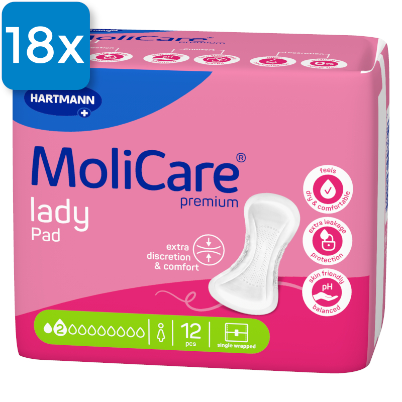 Die Vorderseite einer Packung Molicare Premium Lady Pad 2 Tropfen. Oben links ist ein blaues Viereck mit der Aufschrift 
